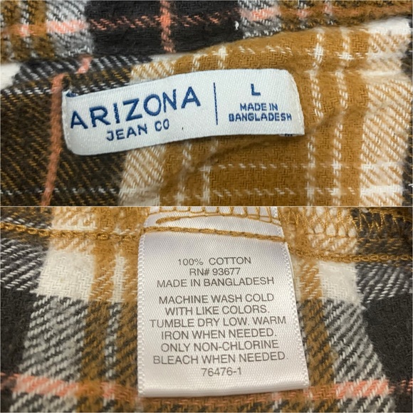 Arizona Jean Co. Flannel Button Down Shirt Size LYellow Brown Plaid Long Sleeve - Picture 8 of 9